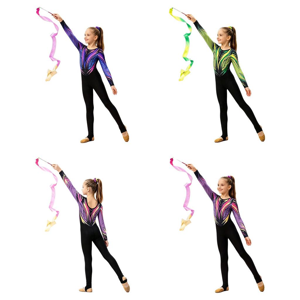 Mädchen Ganzkörper Strass-Leotard Rundhalsausschnitt Langarm Kontrastfarben-Print Steg-Jumpsuit für Gymnastikwettkampf Training