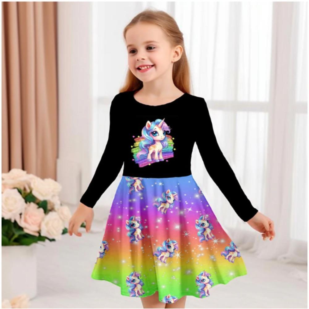 Vestido Casual de Niña con Estampado de Unicornio 3D, Cuello Redondo y Manga Larga, Vestido de Princesa para Niña
