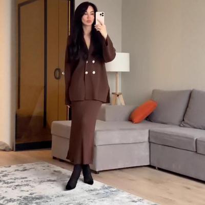 2025 Autumn Women's Knitted Sweater Cardigan and Midi Skirt Set - European & American Fashion