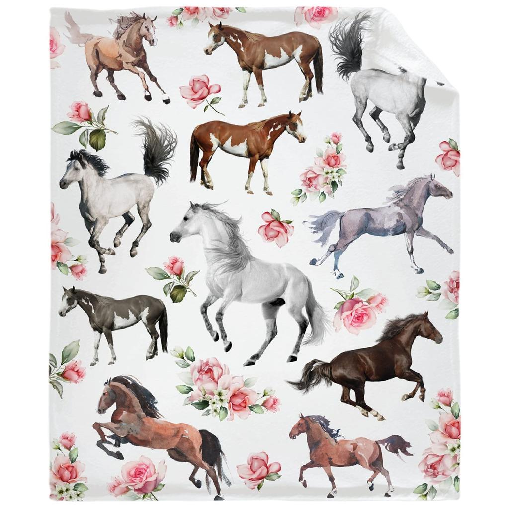 Horse Floral Blanket Animal Flower Pattern Print Throw Blanket Super Soft Comfortable Lightweight for Living Room for Kids Teens