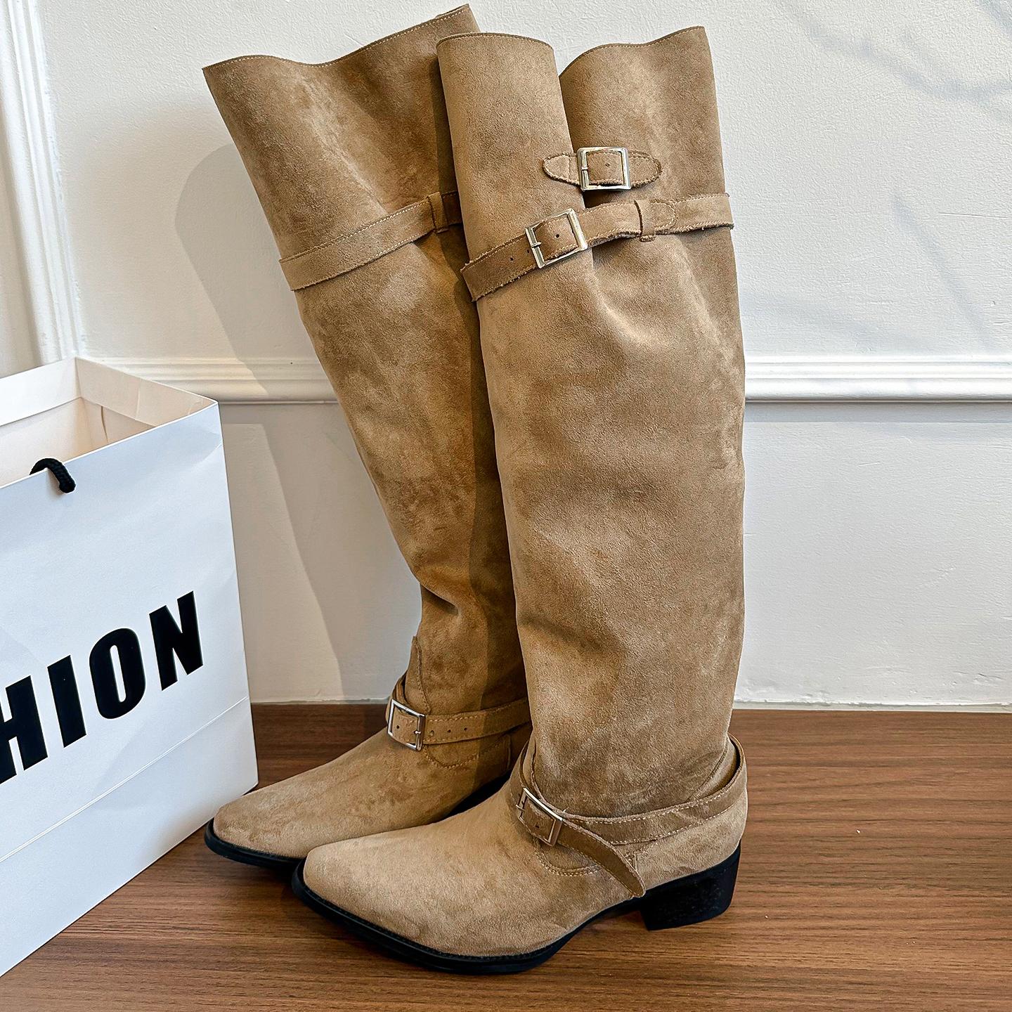 

Fashion Autumn Winter Pleated Women Knee High Boots Vintage Square Low Heels Shoes Female Belt Buckle Long Booties 35 хаки