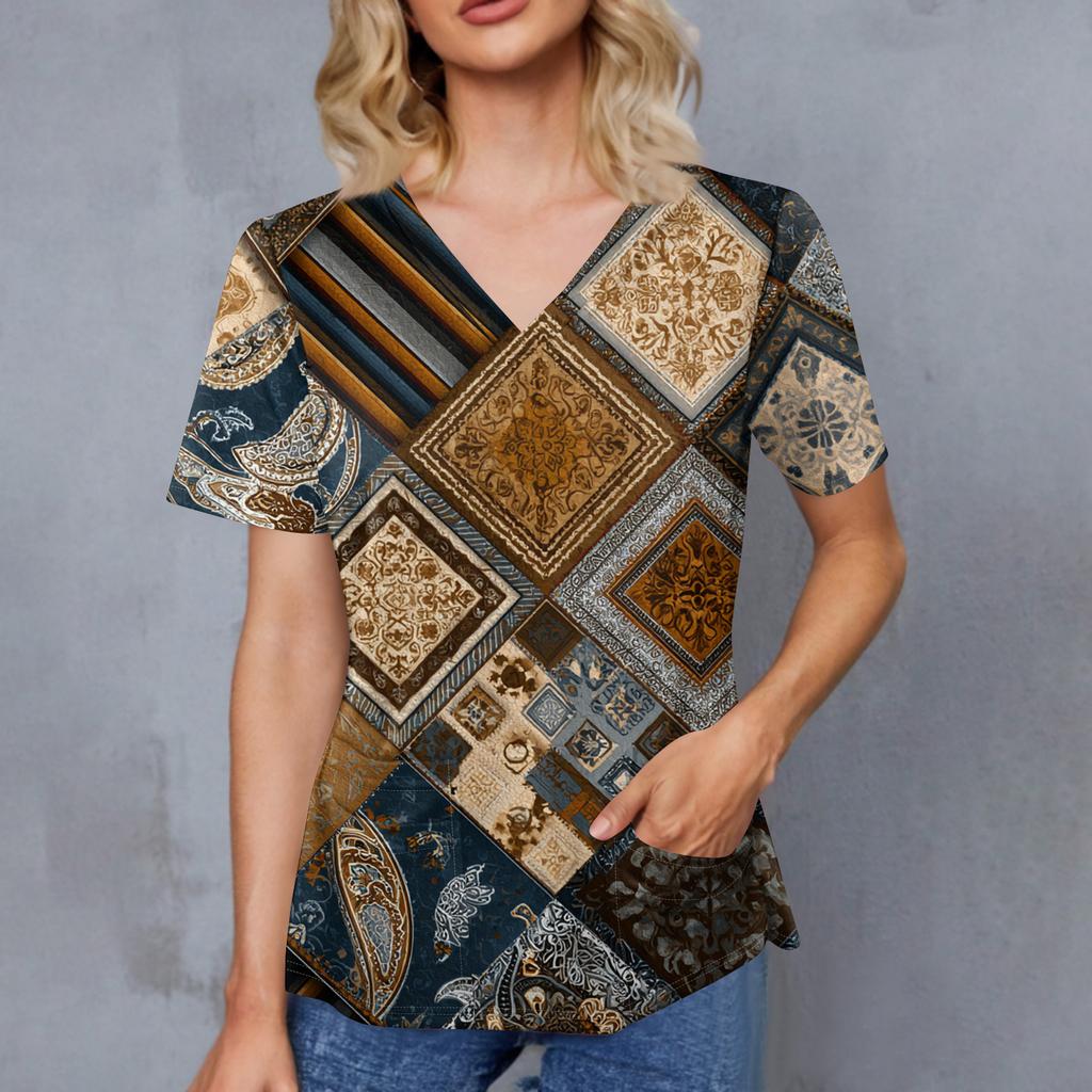 Women's Retro Printed V-Neck Double Pocket Short Sleeves Hem Slit  Uniform Caregiver Top