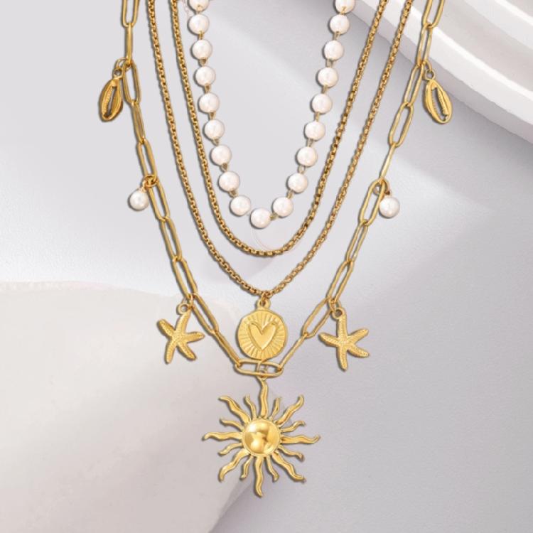 Multi Layer Necklace Pendant Neck Chain Jewelry with Sunflower Starfish And Pearls Accent For Daily Wear & Party Look