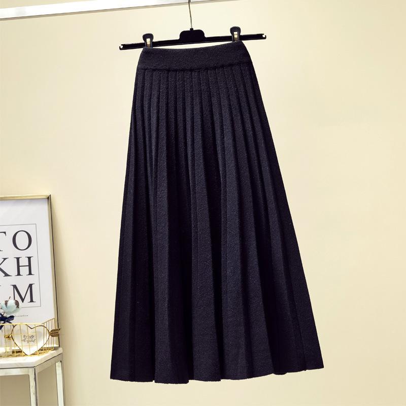 Autumn and Winter High Waisted Knitted Skirt for Women Mid Length Pleated Skirt