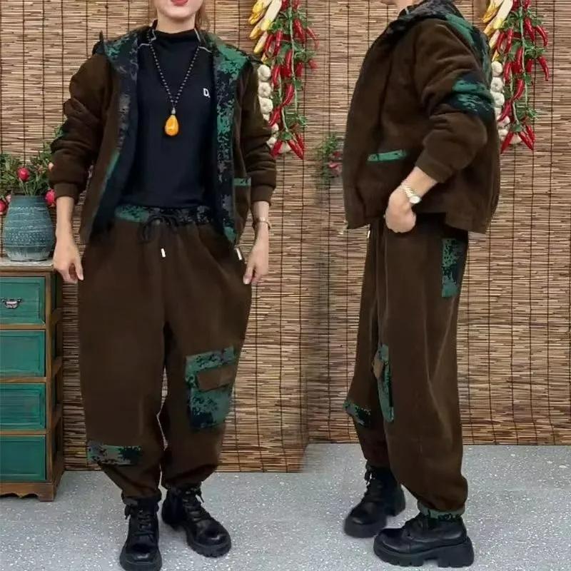 Plus Velvet Thick Corduroy Winter Hooded Suit Mother Is Thin Women's Western Style Fashion Jacket Two-piece Suit