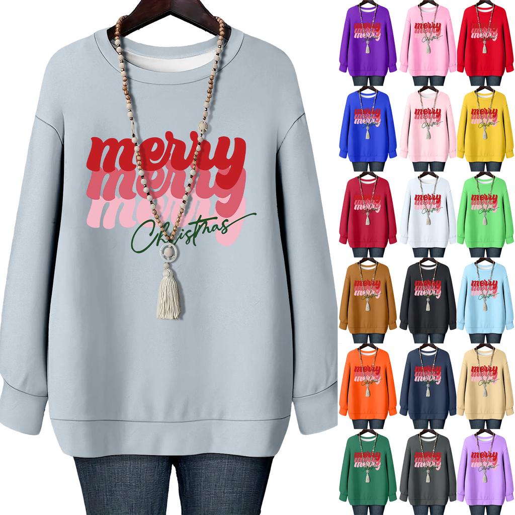 Ladies' Christmas Printed Round Neck Long Sleeved T-shirt Sweatshirt Top