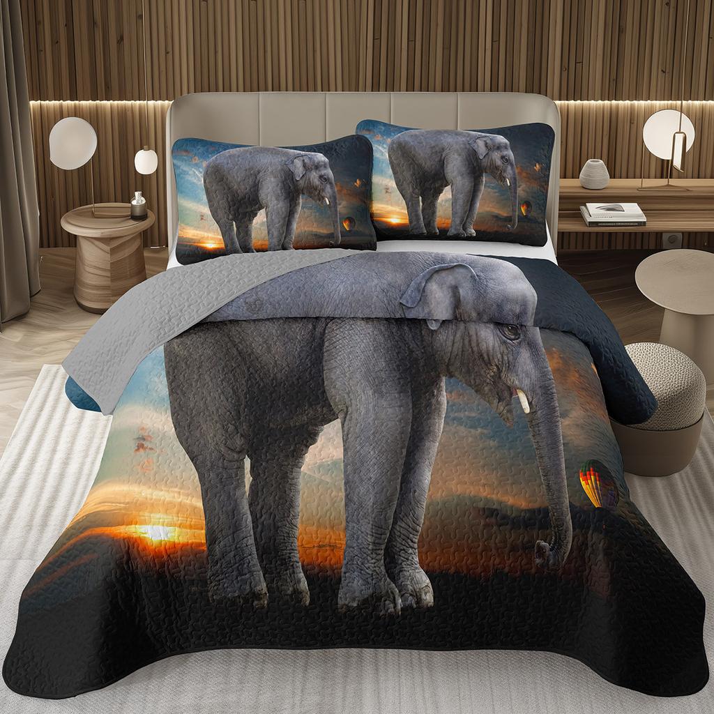 Elephant Quilt Set, African Animal Elephants Quilted Bedspread Western Rustic Farm Style Bedding Set Wild Safari Theme Coverlet