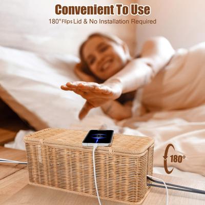 Rattan Cable Management Box Handwoven Cord Organizer Basket with 2 Slots Large Capacity Power Cords Hidden Box