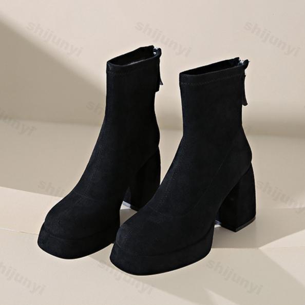 Fashion Women's Fashion Retro Suede Thick Soled High-heeled Boots 2025 Autumn New Back Zipper Design Comfortable Square Head Ankle Boots