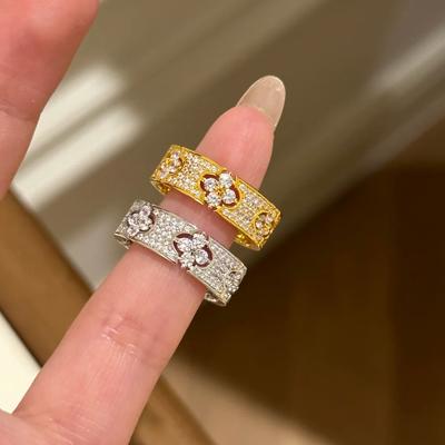 French Old Money Wind Lucky Four-Leaf Clover Gypsy Ring Fashionable Light Luxury Slightly Inlaid With Diamonds Flower Row Ring Women