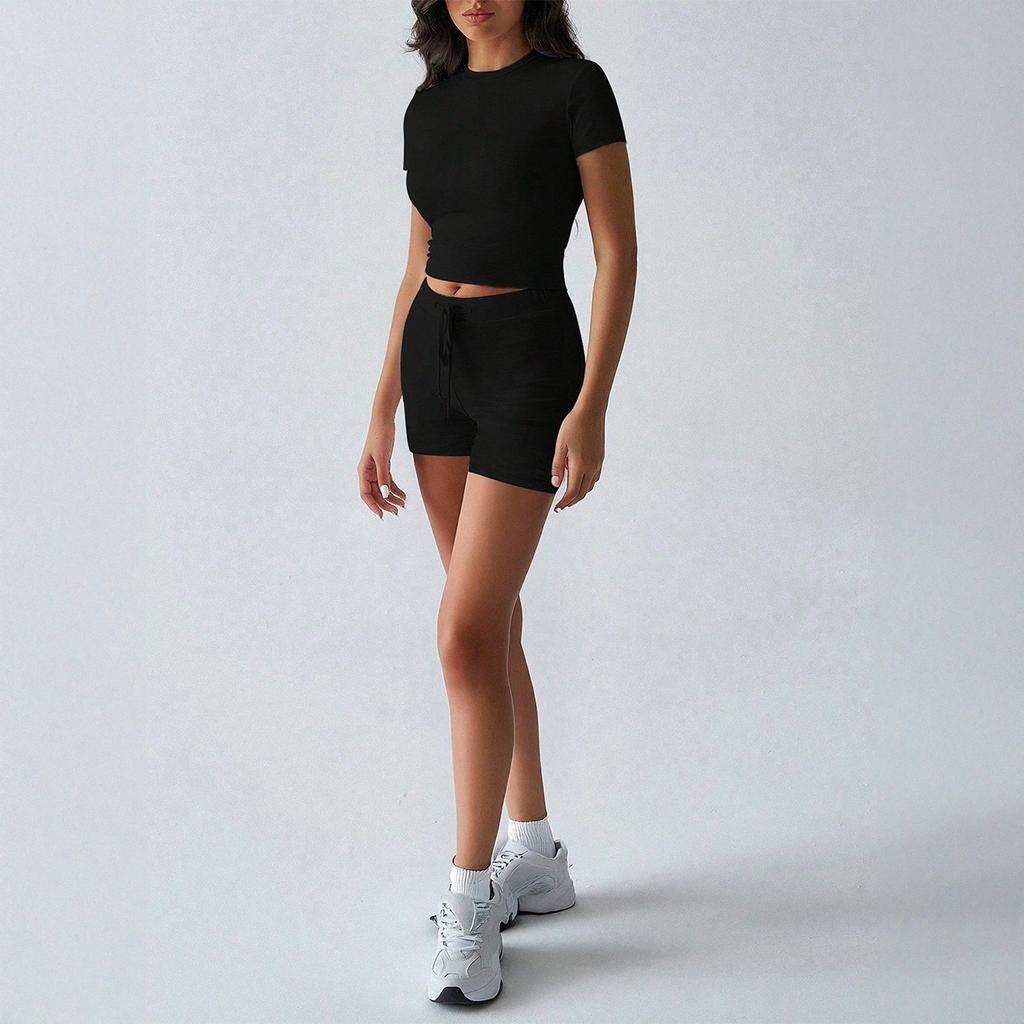 New Women's Solid Yoga Sportswear Set Short Sleeve T-shirt + Belted Shorts Casual Outfit For Spring Summer