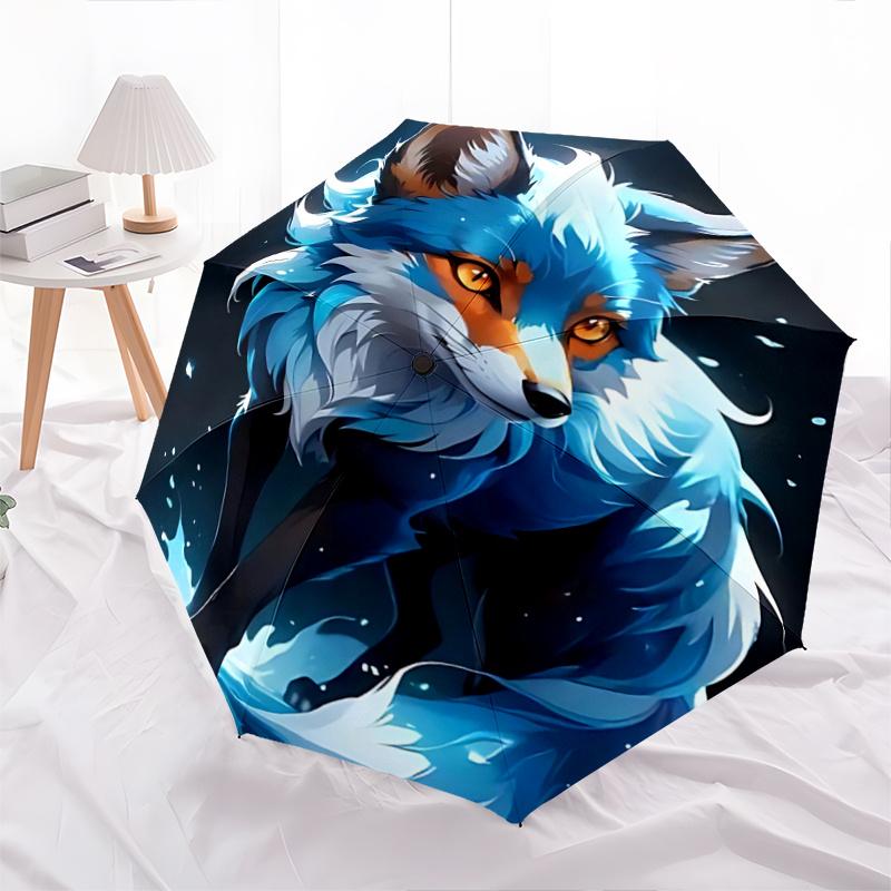 1pc Blue Fox Print Automatic Opening/Closing Umbrella with Foldable Design, Outdoor for Fans, Travelers, Daily Use - Perfect Gift for Festivals.R