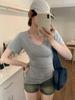 WhiteV-Neckshort Sleeve T-Shirt Women's Casual Loose-Fit Waist-Fitted Top Korean Style Polyester Fiber Summer Clothing