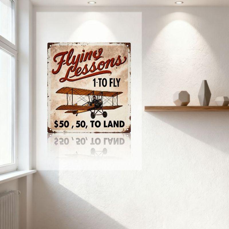 Vintage Flying Lessons Biplane Metal Sign Weathered Aged Iron Plaque for Home Bar Man Cave Cafe Decor