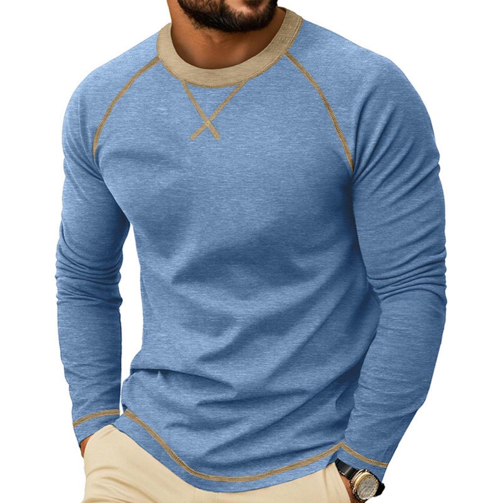 Men's Long Sleeve Crew Neck Casual T Shirt Color Block Stitching Detail Pullover Top Lightweight Comfortable Fit