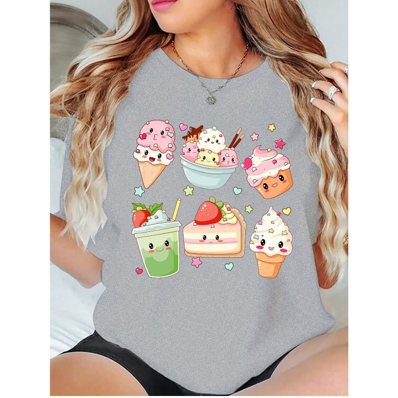 New Spring and Summer Round Neck Hoodie T-shirt Cute Dessert Cartoon Printed Pattern Round Neck Hoodie Women's T-shirt