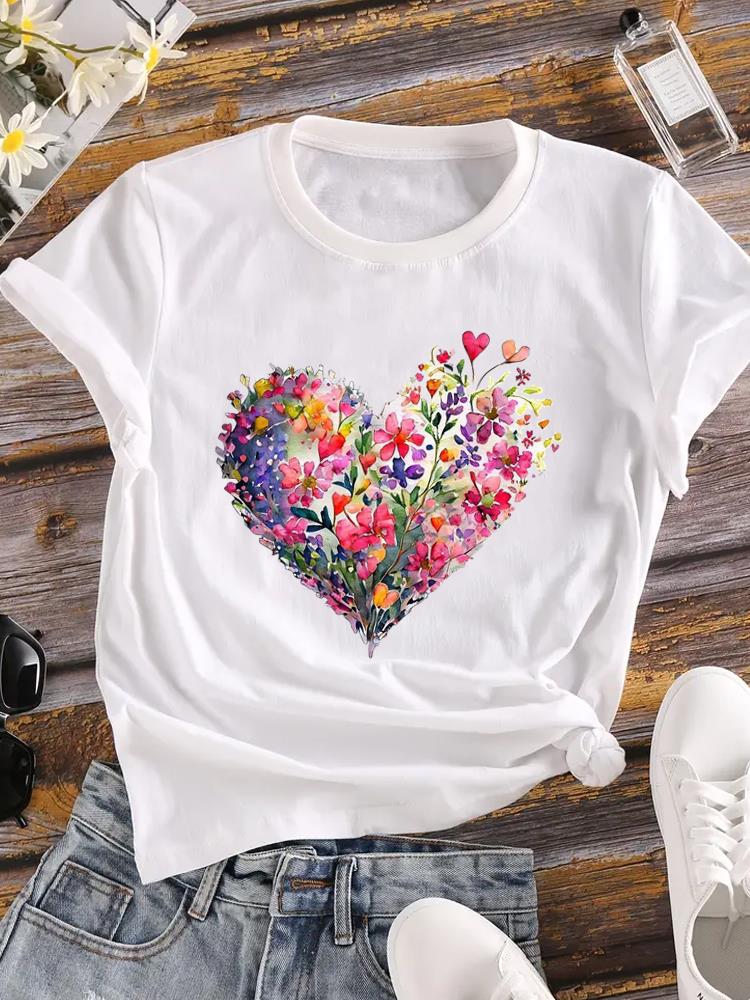 (Asian Size) sweet flower trend Printed Female Top T Shirt Clothing Lady o-neck Short Sleeve T-shirts Casual Fashion Women Graphic Tee