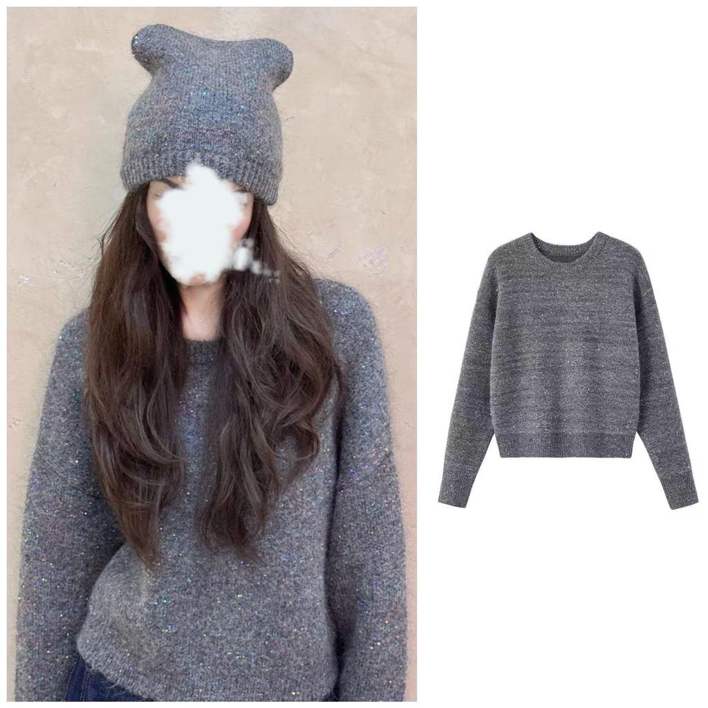 Women's Gray Glitter Knit Sweater - Autumn/Winter Cozy Layer