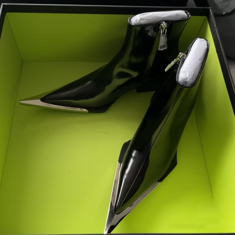 Fashion Spring Autumn New British Style Thick High Heels Pointed Toe Metal Decoration Patent Leather Women Ankle Short Chelsea Boots