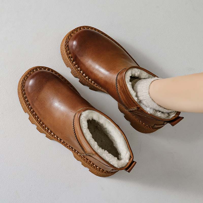 Krazing Pot Skóra Krowia Futro Wełna Zimowe Buty Śniegowce Damskie Utrzymujące Ciepło Wsuwane Europejski Design Odporne na Zimno Botki