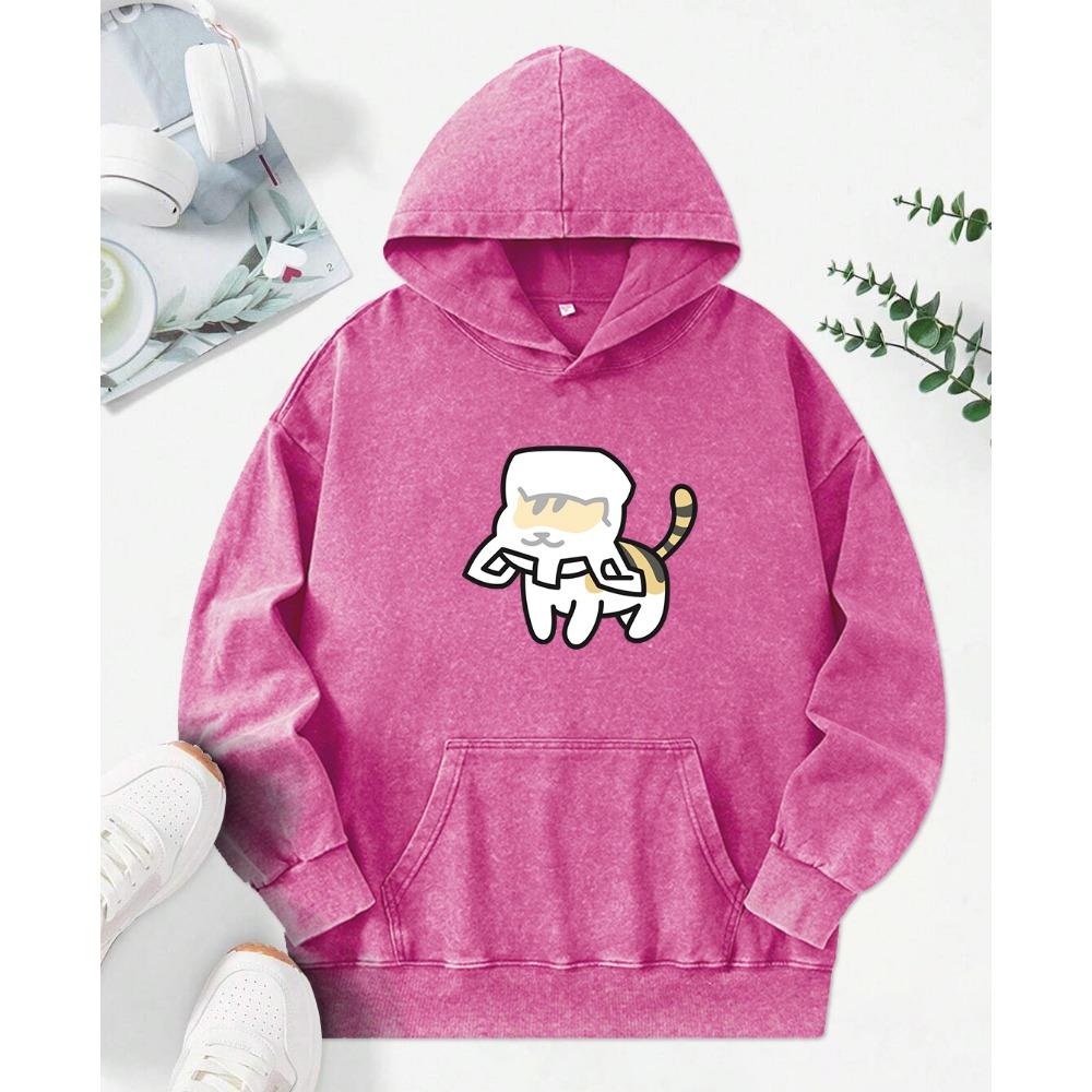 The Cat'S Head Is Wrapped In A Bag Printed Women Washed Hoodie Street Hoody Loose Pocket Tops Cotton Pullovers