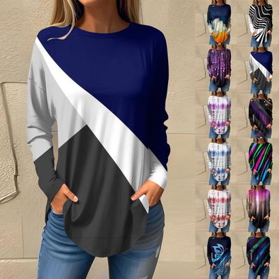 T-Shirts für Damen, Herbst, lässig, langärmelig, Sweatshirt, geometrischer Nähdruck, Top, Pullover