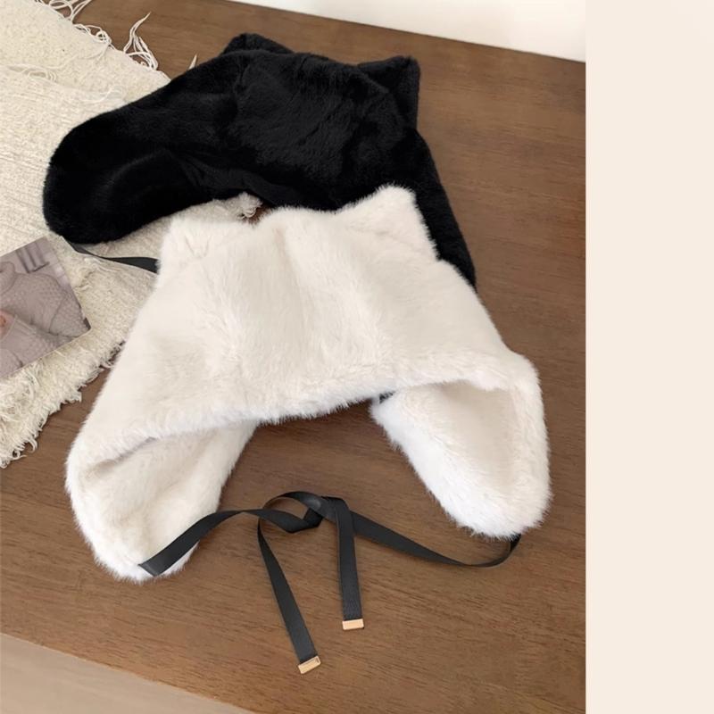 Furry Cartoon Head Cover with Ear for Outdoor Sports Furry Hat with Ear Oversized Headgear Hat for Winter