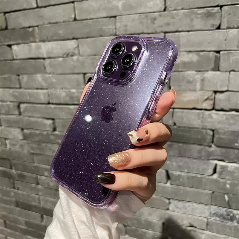 Luxury Bling Glitter Purple Clear Case For iPhone 16 Pro Max 15 14 Plus 13 12 11 X XR XS Transprent Acrylic Shockproof Cover