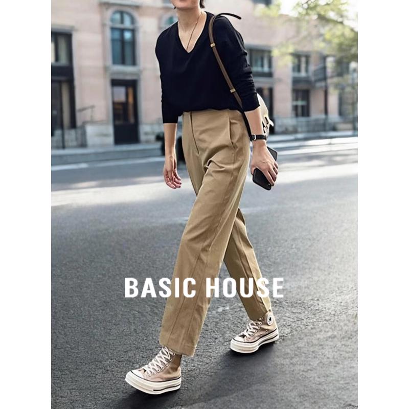 Basic House Women s High-Waist Khaki Straight Leg Cargo Pants L