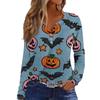 Haut T-shirt Décontracté Mode Femme Imprimé Halloween Col en V Bouton Bordure Manches Longues