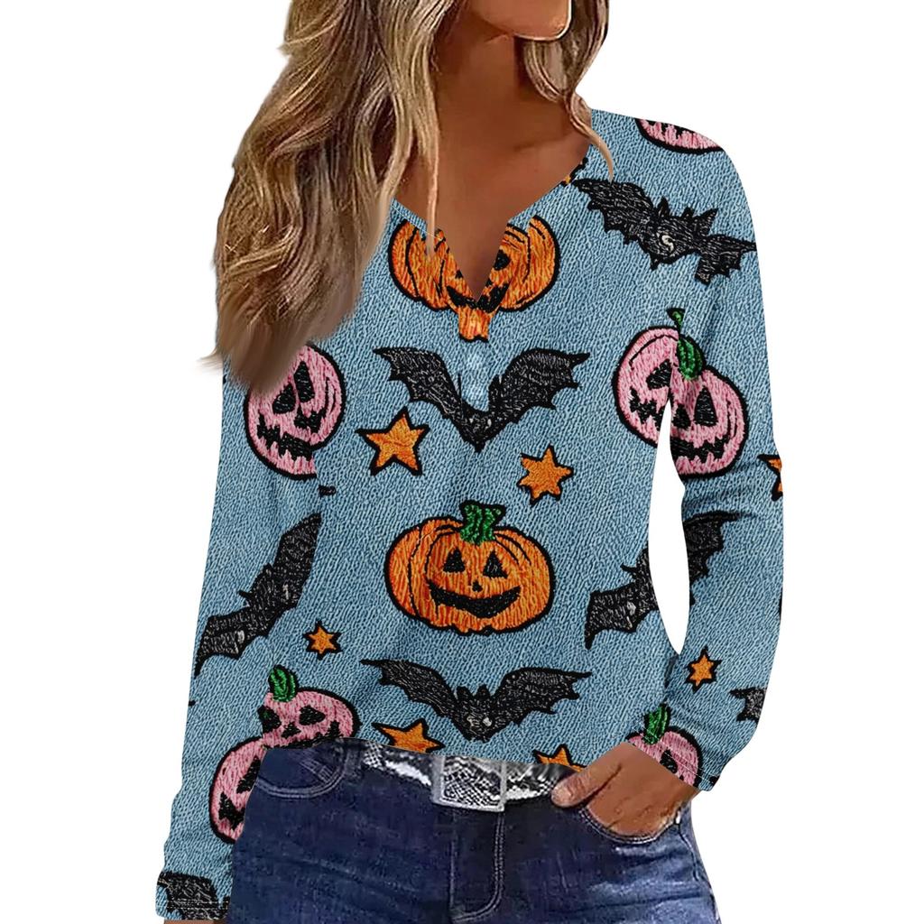 Haut T-shirt Décontracté Mode Femme Imprimé Halloween Col en V Bouton Bordure Manches Longues