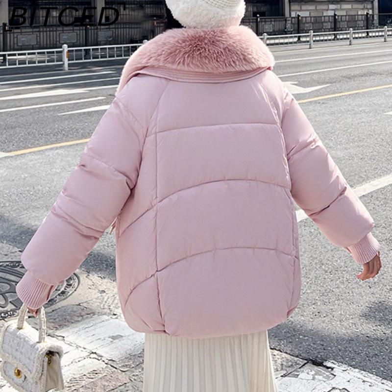 BITCED Women's Short Down-Filled Cotton Jacket with Oversized Fur Collar - Winter Fashion Coat
