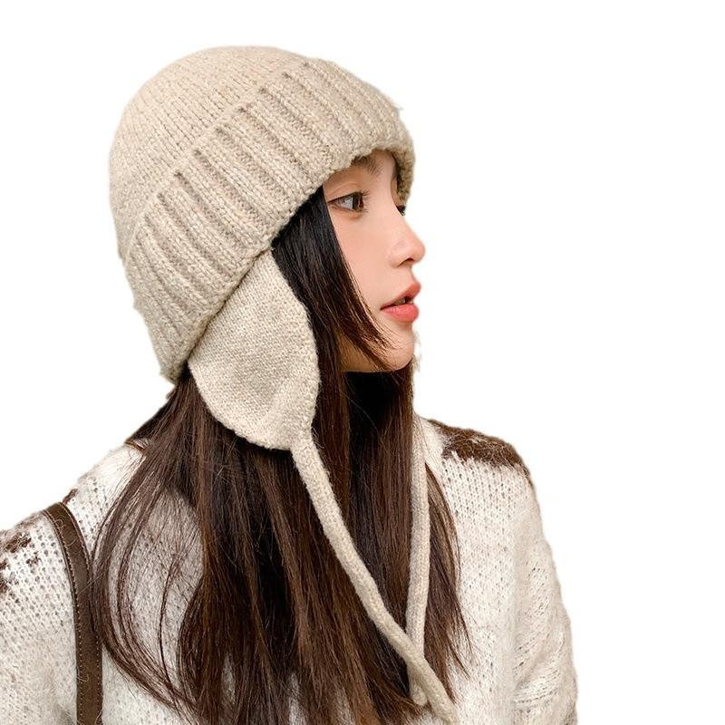 Autumn and Winter Warm Solid Color Ear Protection Knitted Hat Warm Woolen Hat Women's Casual Versatile Large Head Cold Hat Baotou Hat
