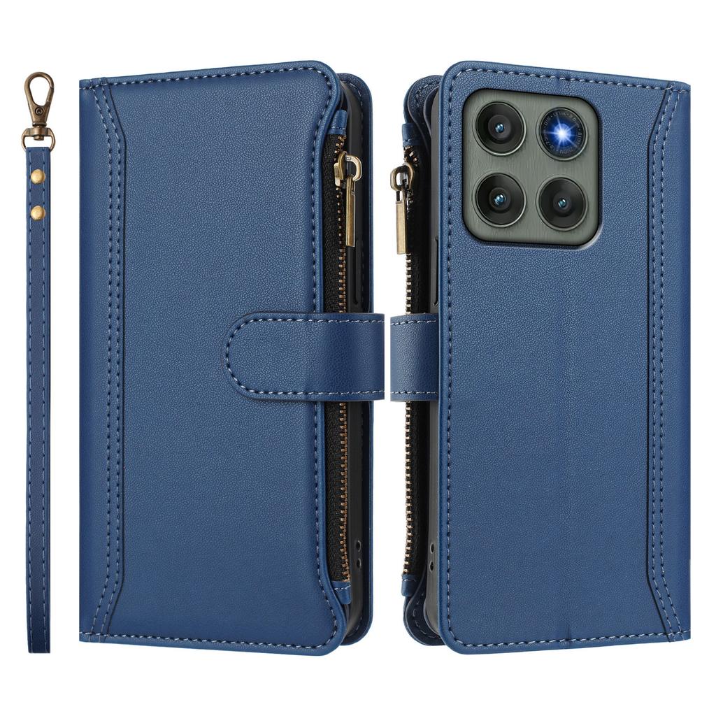 For Motorola Edge 60 Pro 5G Leather Case 9 Card Slots Zipper Wallet Stand Phone Cover with Wrist Strap