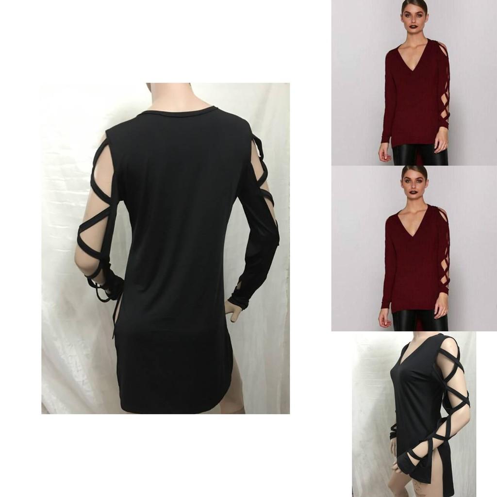Stylish Black Casual V Neck Short Front Long Back Hollow Out T Shirt For Women
