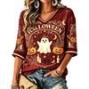 Women's Halloween Print V-Neck T-Shirt Casual Loose Fit Summer Top