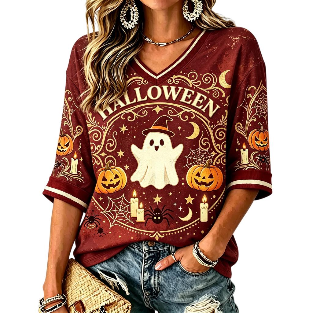 Women's Halloween Print V-Neck T-Shirt Casual Loose Fit Summer Top