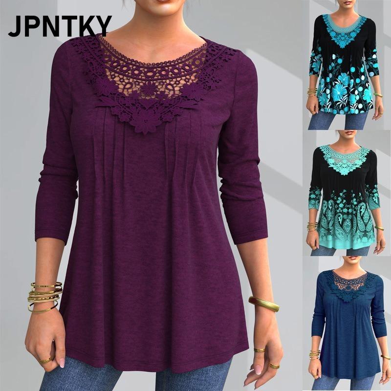 JPNTKY Women's Fashion Casual Solid Color Print Long Sleeve O-Neck Blouses & Shirts