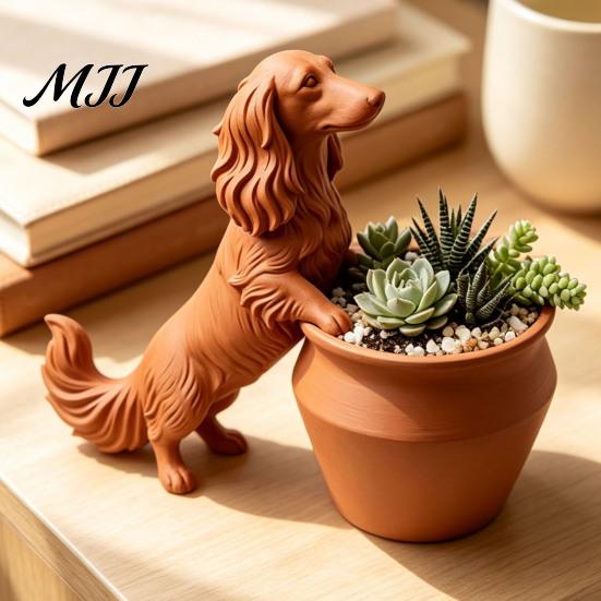 Petit Pot de Plante Vert Teckel à Poil Long Imprimé en 3D, Pot de Fleur Chien Mignon pour Cactus Plantes Succulentes d'Air Contenants Succulentes, Décoratif