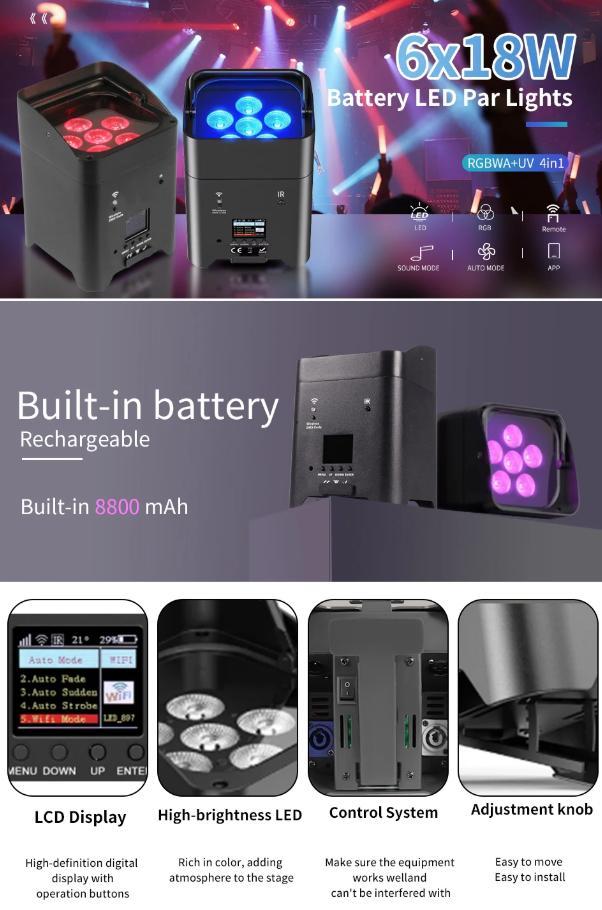Battery Powered LED Par Lights Flightcase 6x18W RGBWA UV 6in1 Wifi Remote Phone APP&Wireless Controller Wedding Uplight DJ Atmosphere