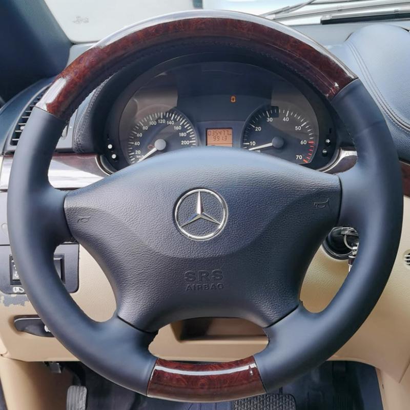 For Mercedes Benz Viano W639 Vito 2006-2011 DIY Non-slip Wear-resistant Car Steering Wheel Cover Cowhide Leather Black Interior