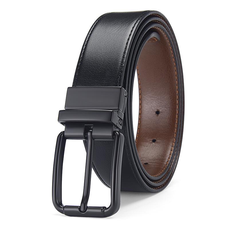 Extra Long Men's Reversible Leather Belt with Rotatable Pin Buckle