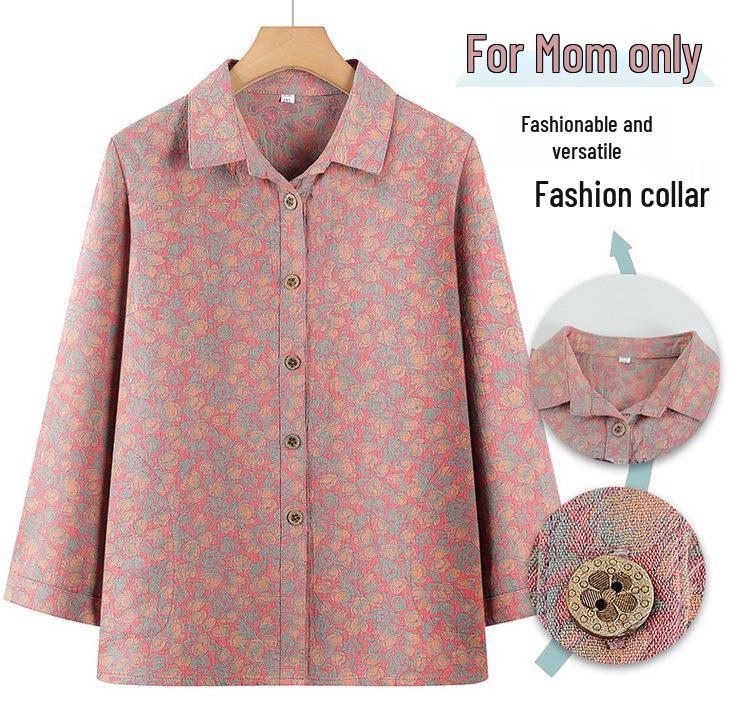 Pure Cotton Long-Sleeve Shirt for Middle-Aged and Elderly Women, Ideal for Spring and Autumn
