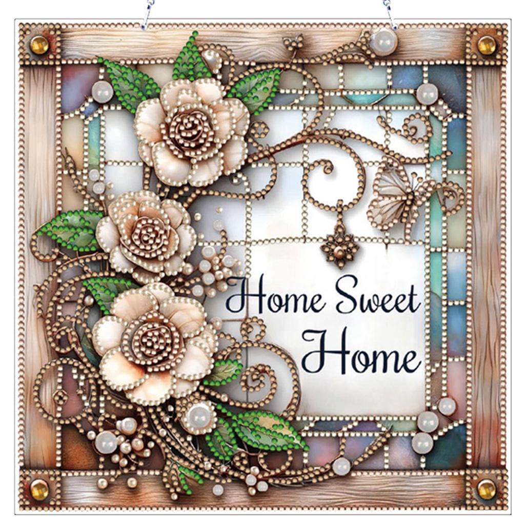 Haus Blume DIY 2D Flach Acryl Diamantmalerei Hängender Anhänger Doppelseitiger Diamant 24cm für Erwachsene Fenster Wand Dekor