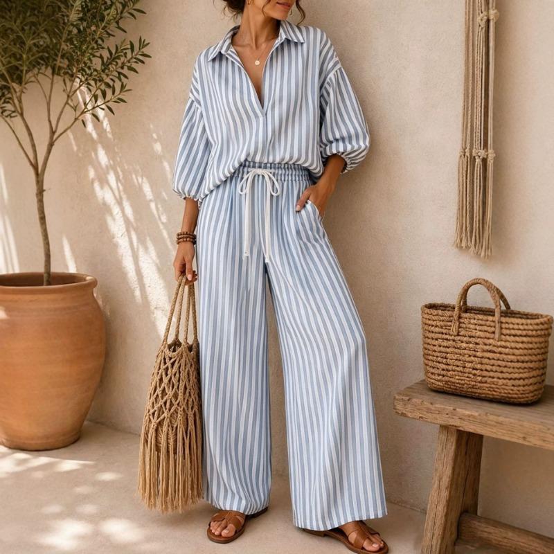 Fashion Striped Women Casual Long Sleeve Shirt Loose Pants Two Piece Set