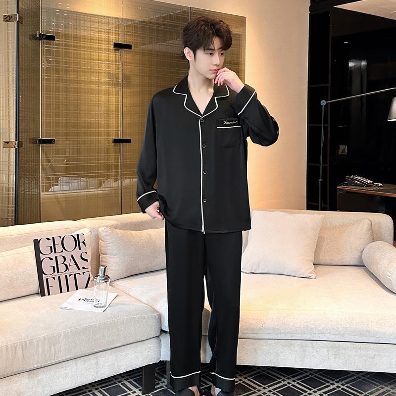 Ice silk couple pajamas women's new spring and autumn long-sleeved trousers simple cardigan can be worn outside men's loungewear suit
