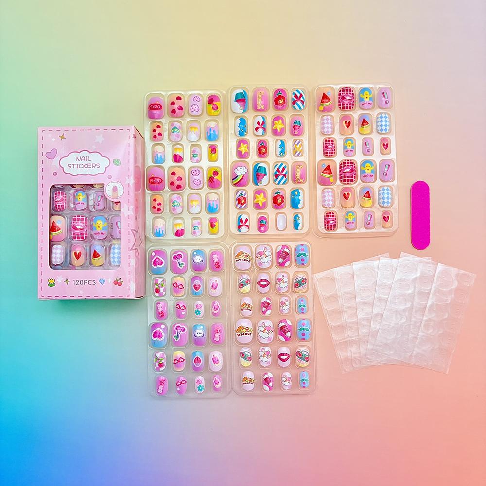 120Pcs Children's Press on Nails Kids Cartoon Acrylic Fake Nails Tips Kawaii Girl Full Cover Short False Nails With Jelly Glue#@