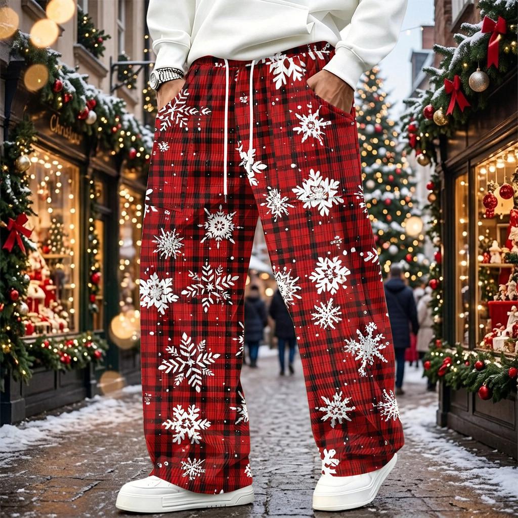 Men's Corduroy Pants Loose Fit Straight Leg Elastic Waist Casual Christmas Print