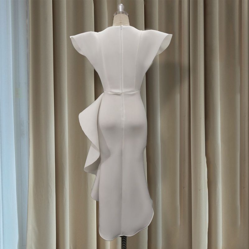 Large Size New Ruffled Short-sleeved Irregular White Dress