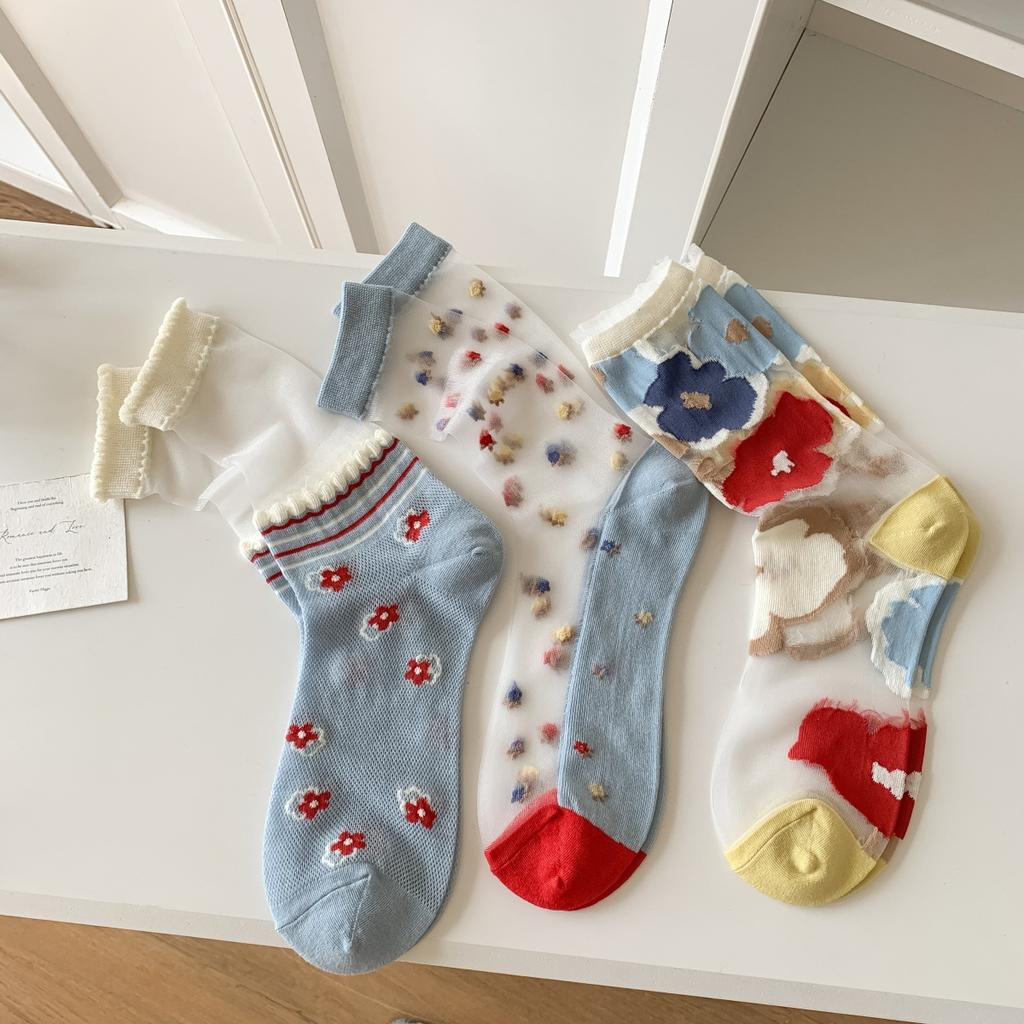 Křišťálové hedvábné ponožky Dámské Letní Ultratenké Průhledné Nylonové Dlouhé Ponožky Květinová Výšivka Japonské Kawaii Roztomilé Síťované Krajkové Ponožky